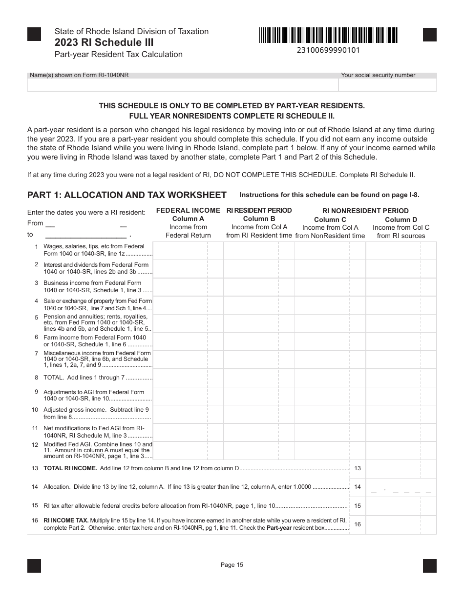 Form RI-1040NR Schedule III Part-Year Resident Tax Calculation - Rhode Island, Page 1