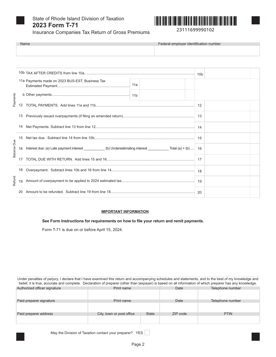 Form T-71 Insurance Companies Tax Return of Gross Premiums - Rhode Island, Page 2