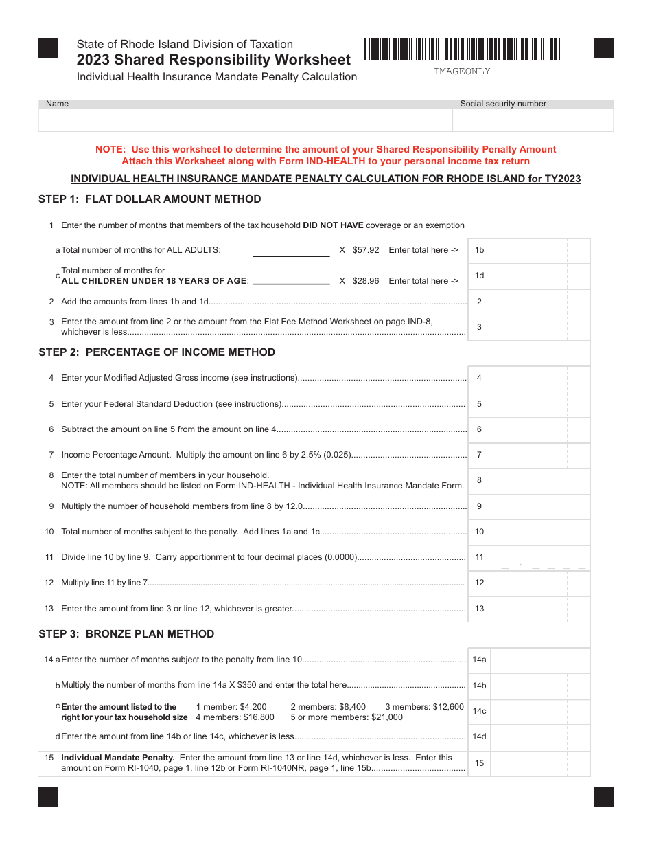 Shared Responsibility Worksheet - Individual Health Insurance Mandate Penalty Calculation - Rhode Island, Page 1