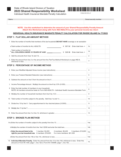 Shared Responsibility Worksheet - Individual Health Insurance Mandate Penalty Calculation - Rhode Island Download Pdf