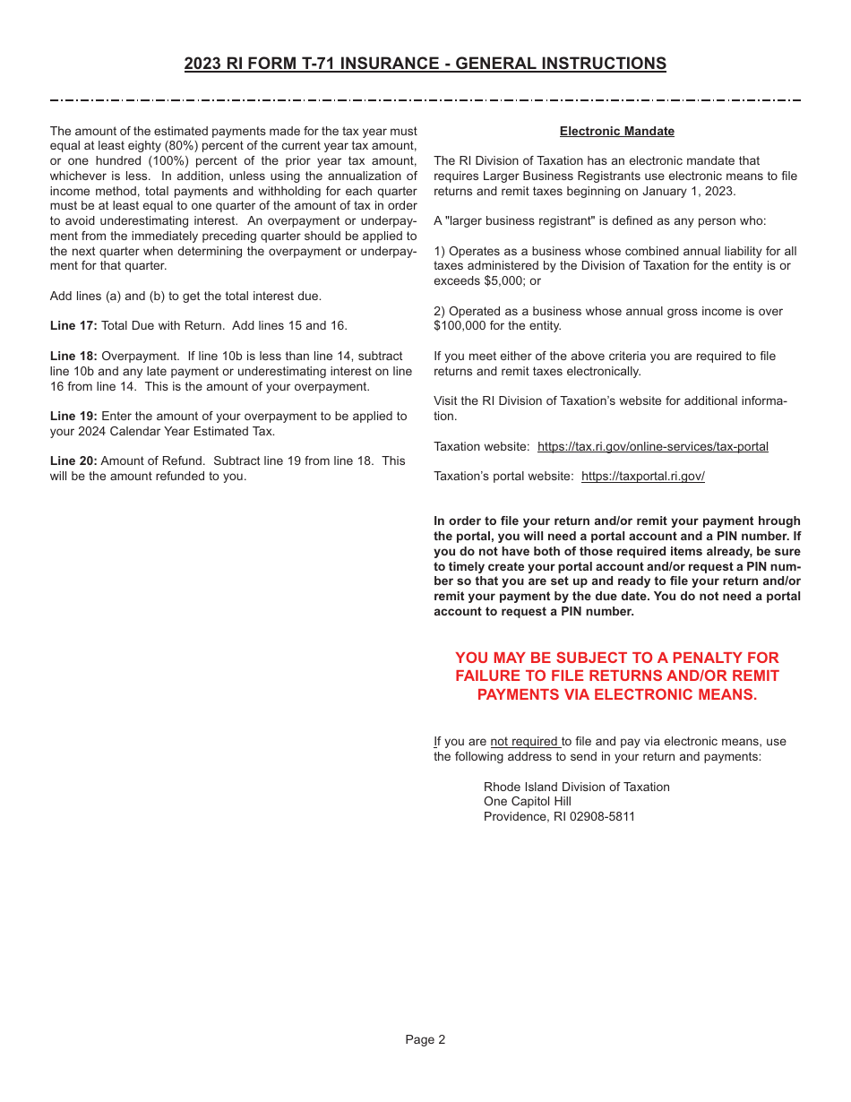 Instructions for Form T-71 Insurance Companies Tax Return of Gross Premiums - Rhode Island, Page 2