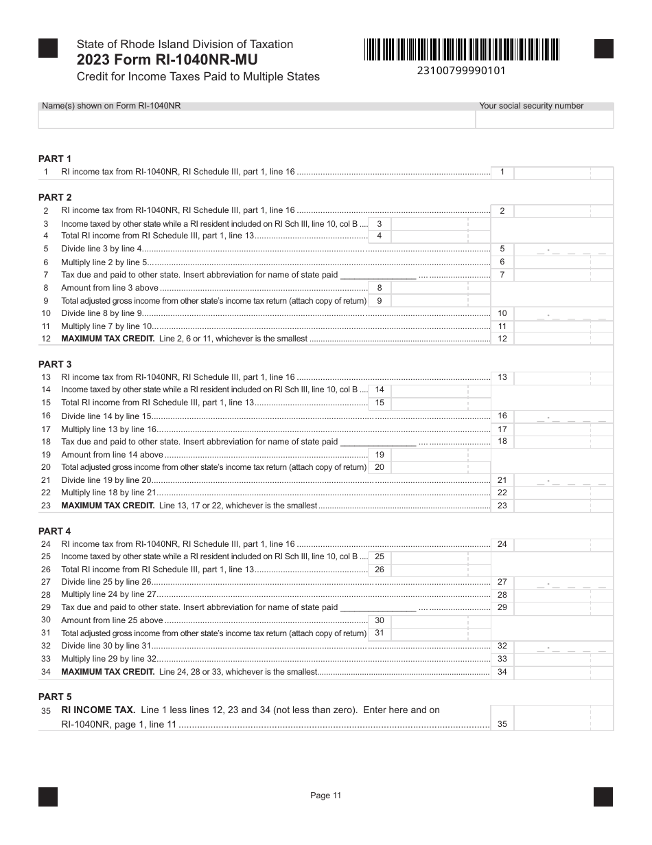 Form RI1040NRMU Download Fillable PDF or Fill Online Credit for