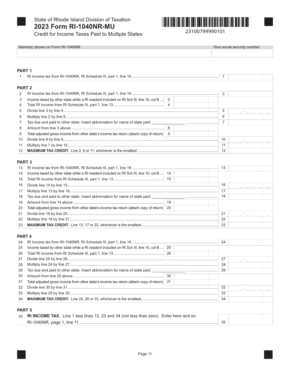Form RI-1040NR-MU Credit for Income Taxes Paid to Multiple States - Rhode Island, Page 1