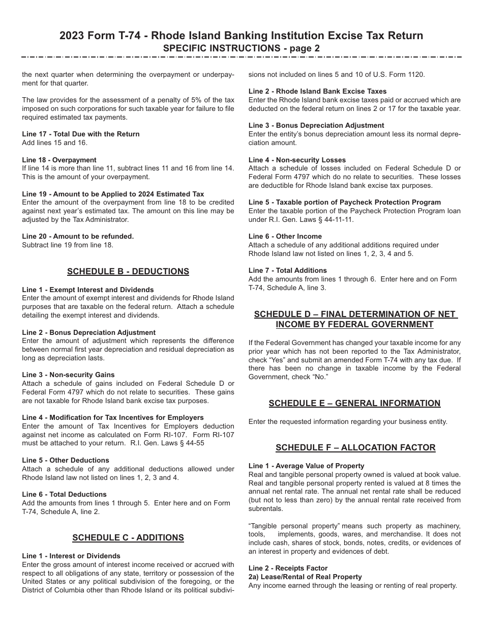 Instructions for Form T-74 Banking Institution Excise Tax Return - Rhode Island, Page 2