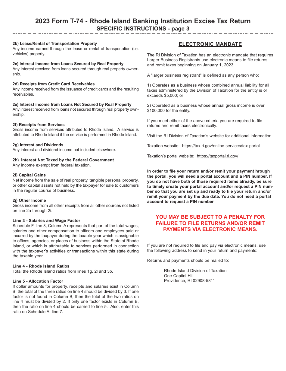 Instructions for Form T-74 Banking Institution Excise Tax Return - Rhode Island, Page 3