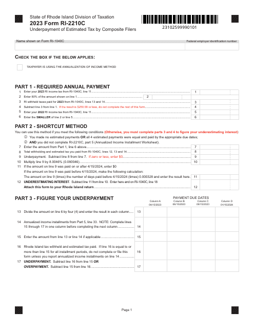 Form RI-2210C Underpayment of Estimated Tax by Composite Filers - Rhode Island, 2023