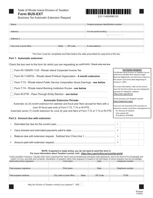 Form BUS-EXT Business Tax Automatic Extension Request - Rhode Island