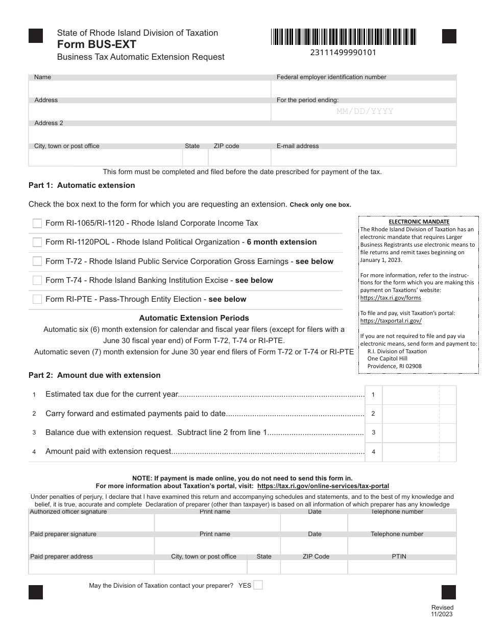 Form BUS-EXT - Fill Out, Sign Online and Download Fillable PDF, Rhode ...