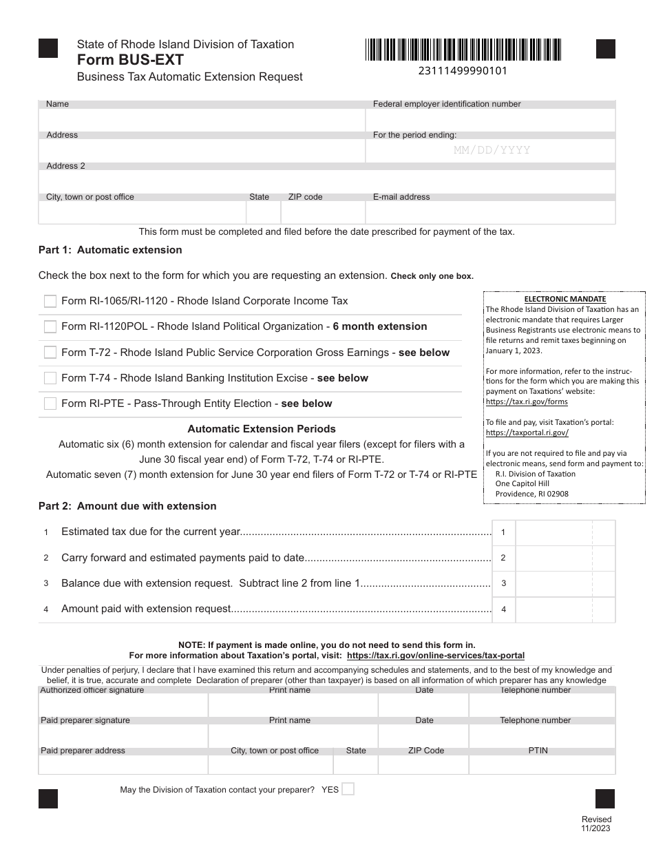 Form BUS-EXT Business Tax Automatic Extension Request - Rhode Island, Page 1
