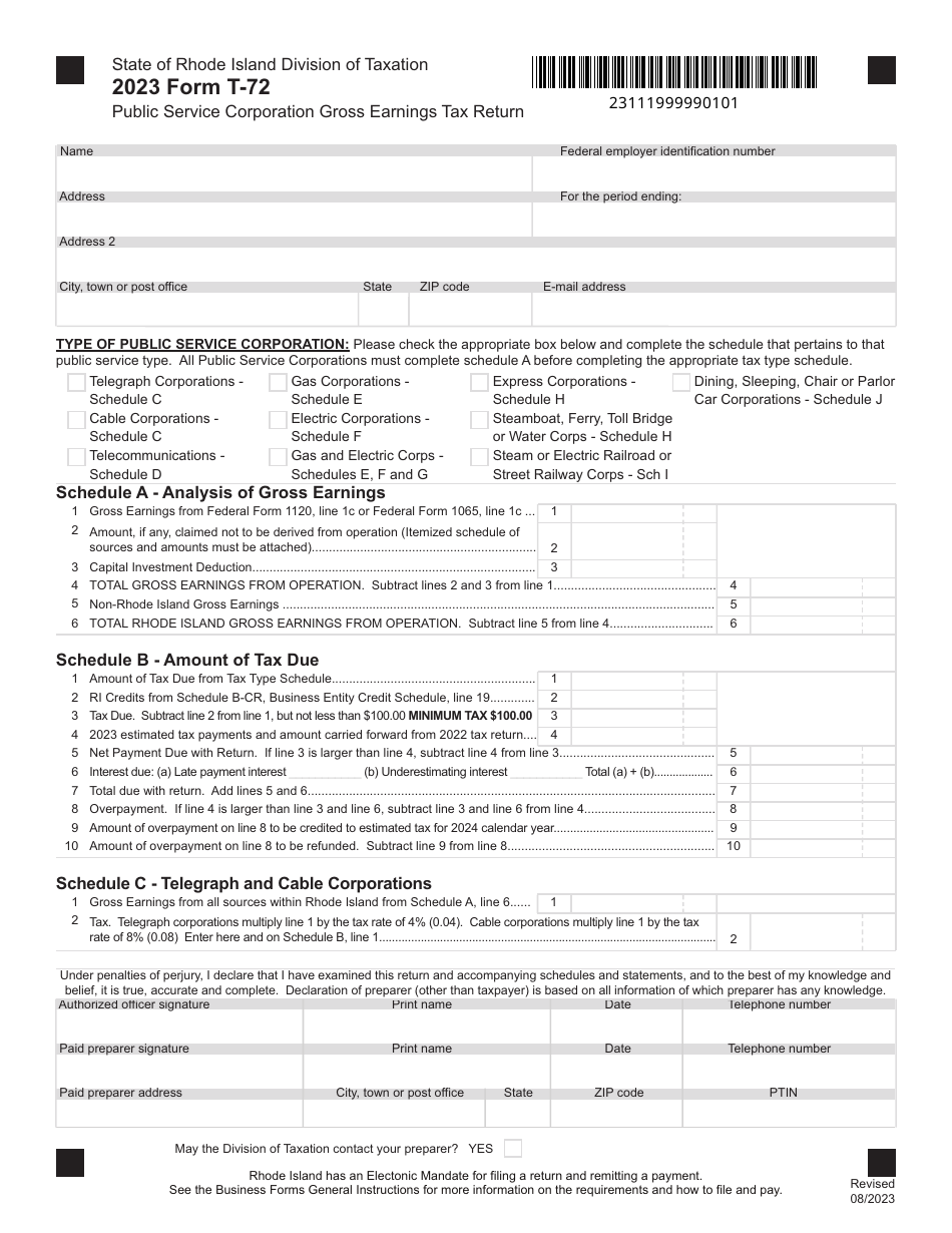 Form T-72 Public Service Corporation Gross Earnings Tax Return - Rhode Island, Page 1