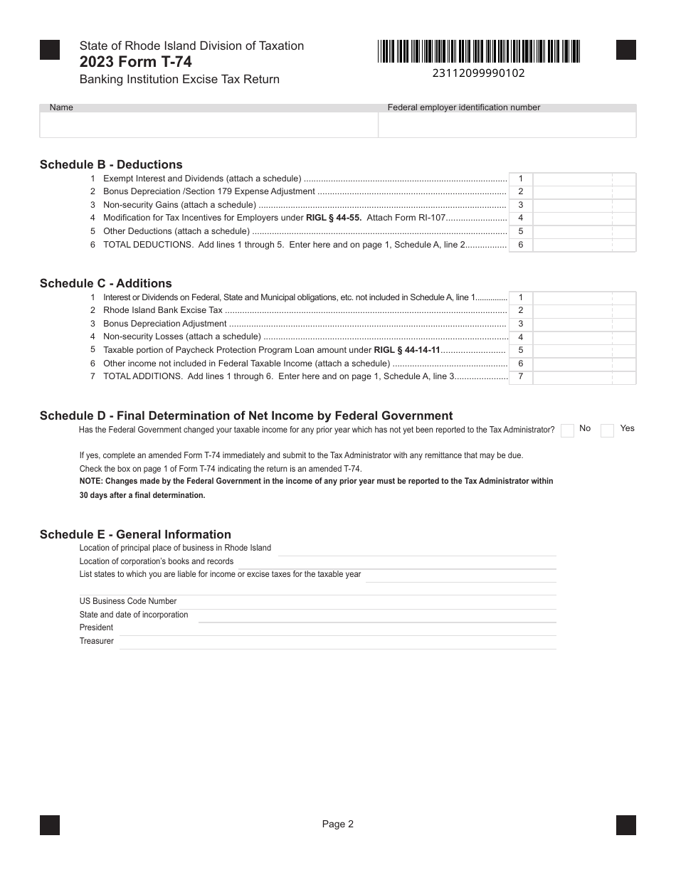 Form T-74 Banking Institution Excise Tax Return - Rhode Island, Page 2