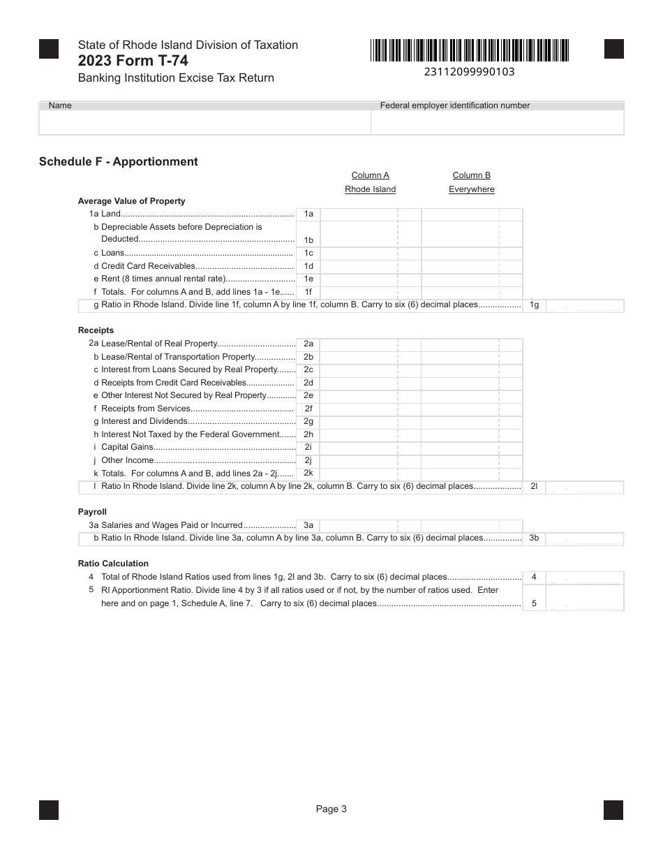 Form T-74 Banking Institution Excise Tax Return - Rhode Island, Page 3