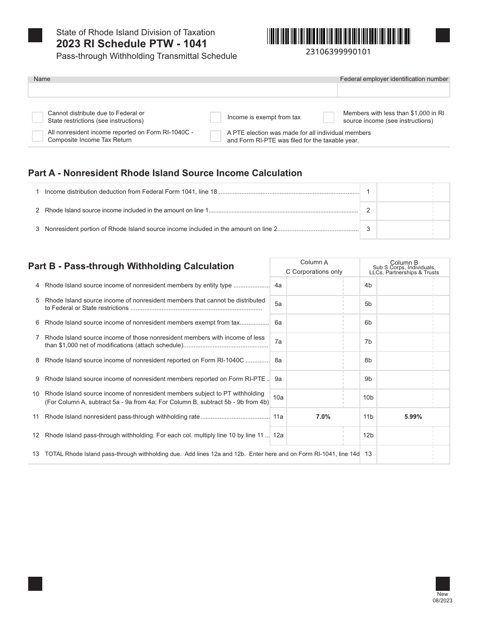 Schedule PTW-1041 Pass-Through Withholding Transmittal Schedule - Rhode Island, Page 1