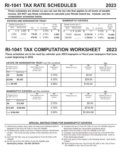 Ri-1041 Tax Rate Worksheet and Schedules - Rhode Island Download Pdf