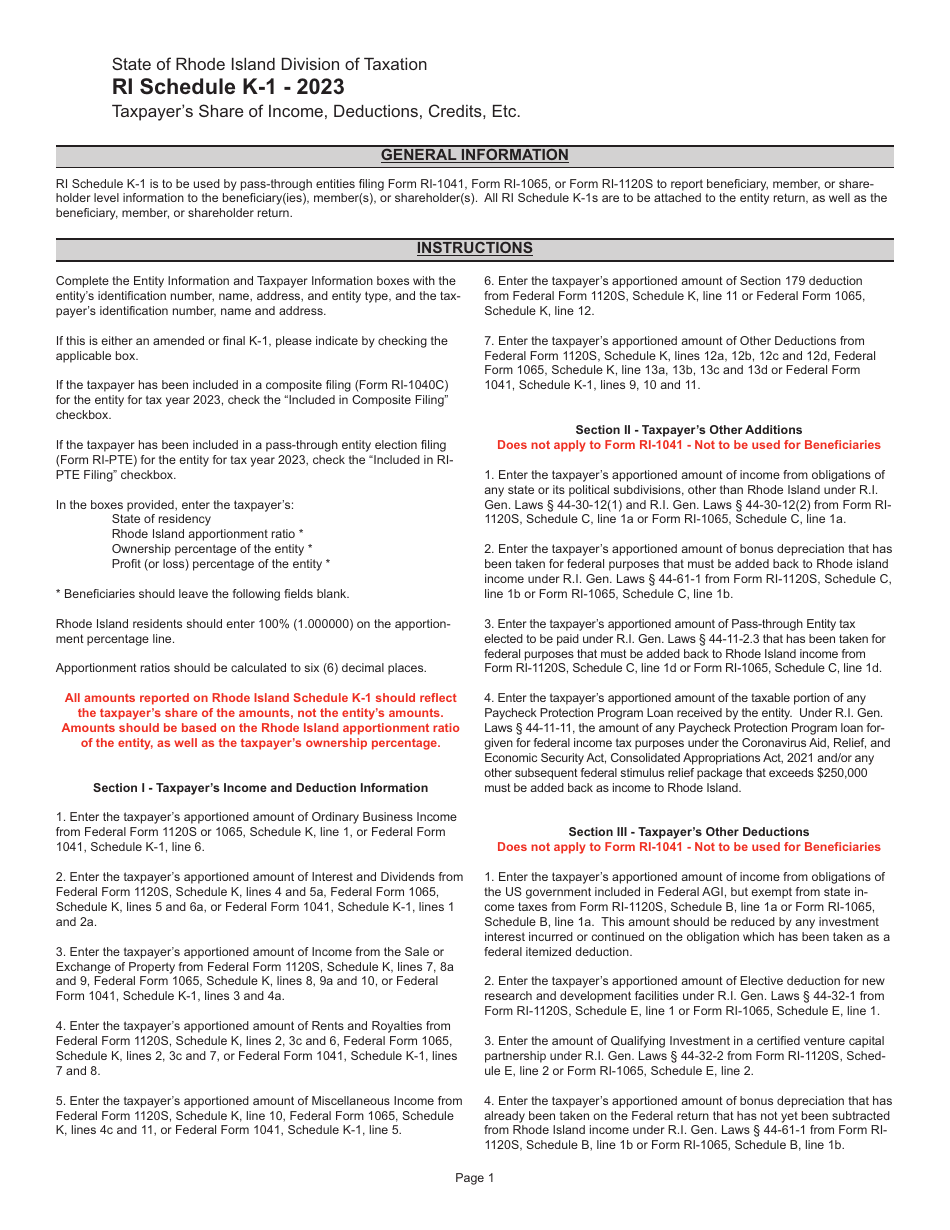 Instructions for Schedule K-1 Taxpayers Share of Income, Deductions, Credits, Etc. - Rhode Island, Page 1