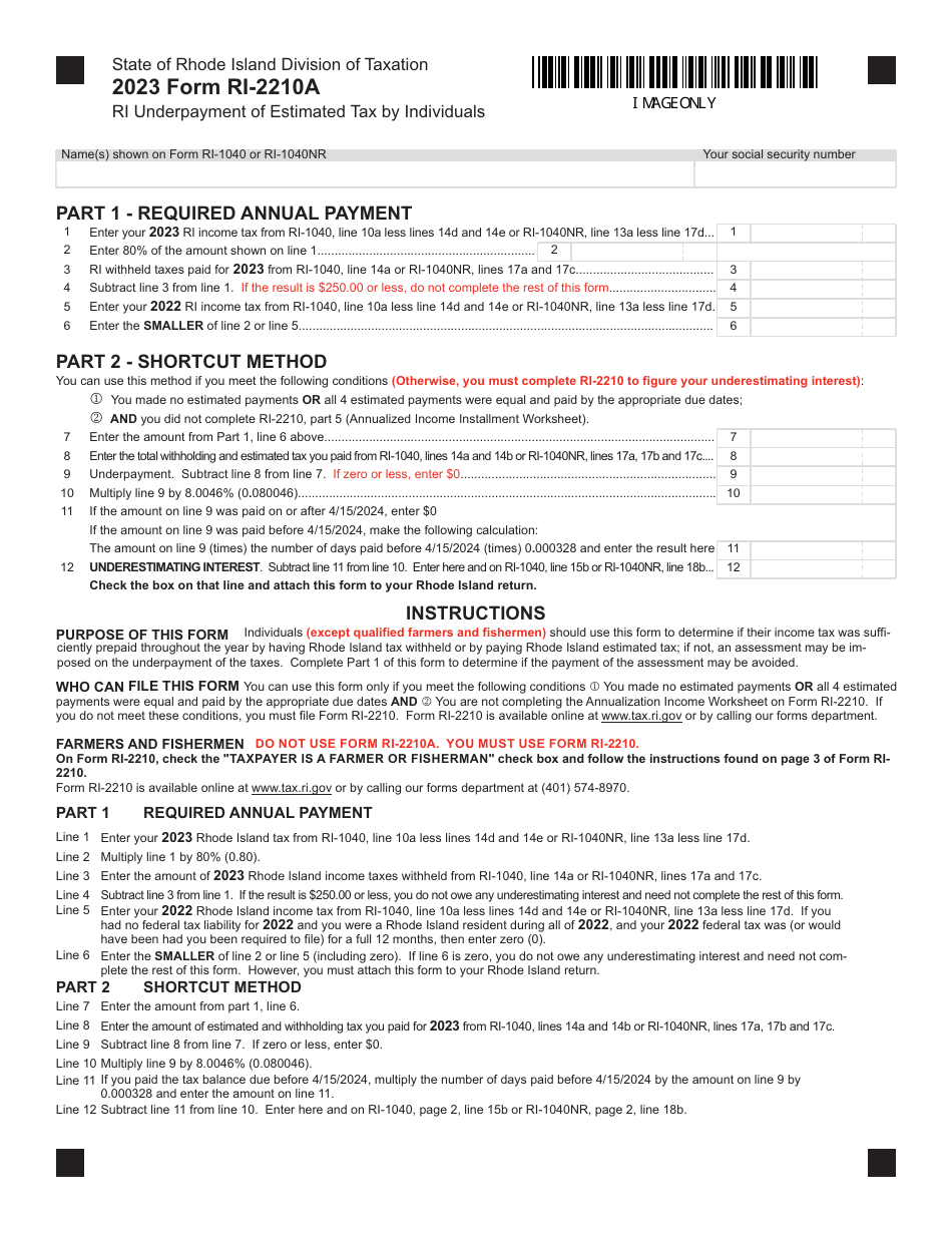Form RI-2210A Ri Underpayment of Estimated Tax by Individuals - Rhode Island, Page 1