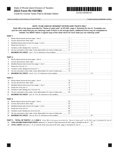 Form RI-1041MU Credit for Income Taxes Paid to Multiple States - Rhode Island, 2023