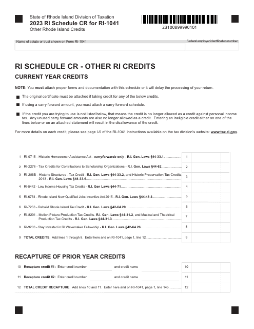 Form RI-1041 Schedule CR Other Rhode Island Credits - Rhode Island, 2023