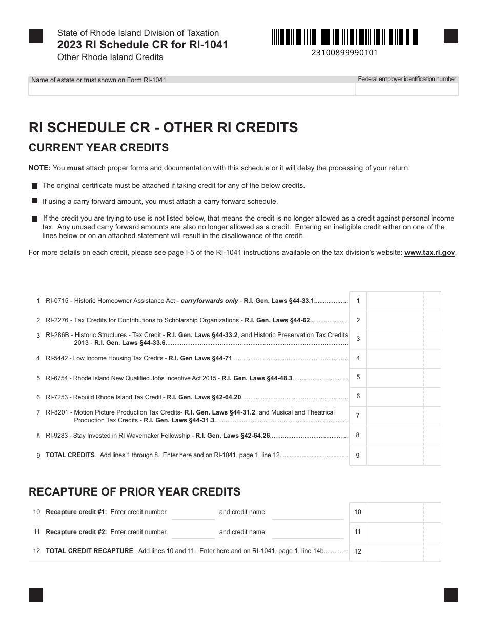 Form RI-1041 Schedule CR Other Rhode Island Credits - Rhode Island, Page 1