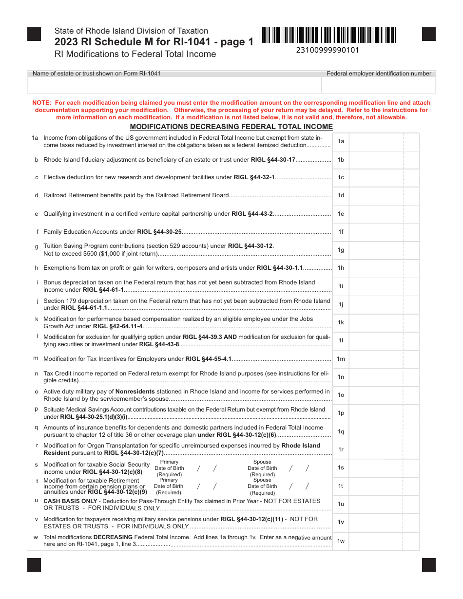 Form RI-1041 Schedule M Ri(modifications to Federal Total Income - Rhode Island, Page 1