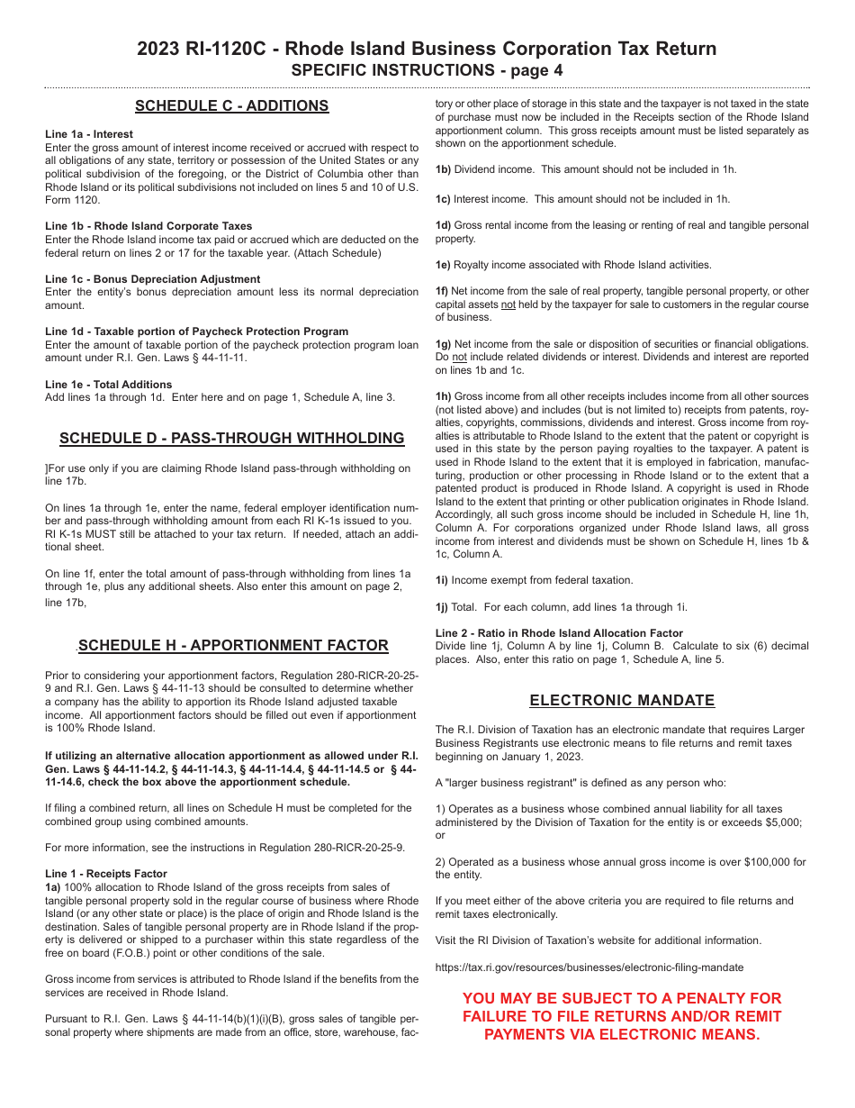 Instructions for Form RI-1120C Business Corporation Tax Return - Rhode Island, Page 4