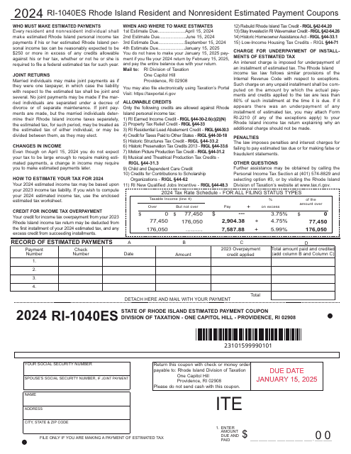 Form RI-1040ES Rhode Island Resident and Nonresident Estimated Payment Coupons - Rhode Island, 2024