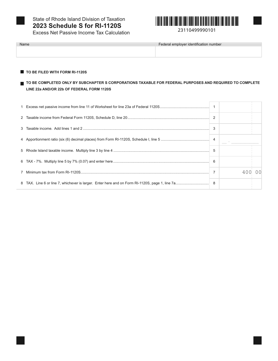 Form RI-1120S Schedule S Excess Net Passive Income Tax Calculation - Rhode Island, Page 1