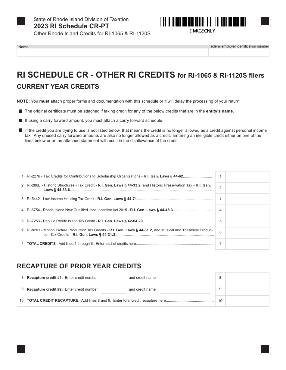 Schedule CR-PT Other Rhode Island Credits for Ri-1065  Ri-1120s - Rhode Island, Page 1