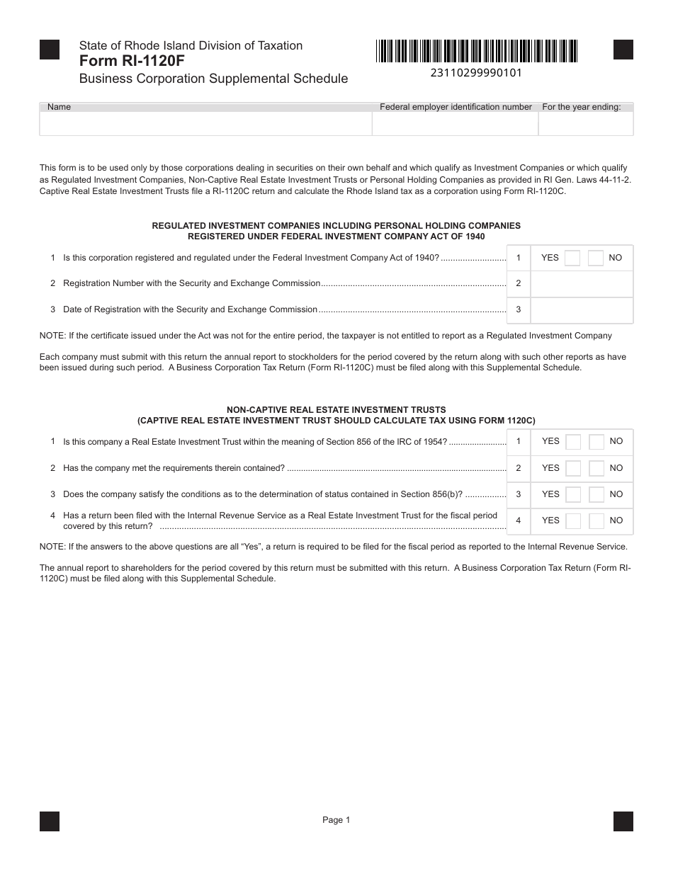 Form RI-1120F Business Corporation Supplemental Schedule - Rhode Island, Page 1
