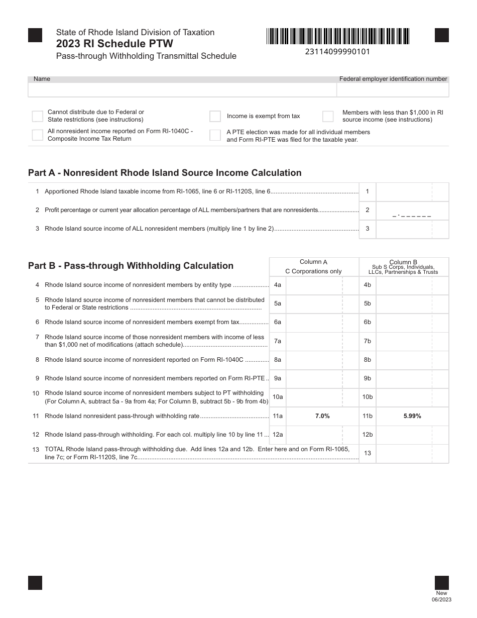 Schedule PTW Pass-Through Withholding Transmittal Schedule - Rhode Island, Page 1