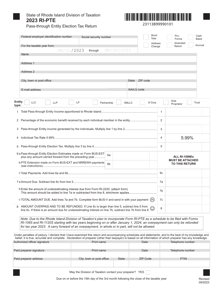 Form RI-PTE Pass-Through Entity Election Tax Return - Rhode Island, Page 1
