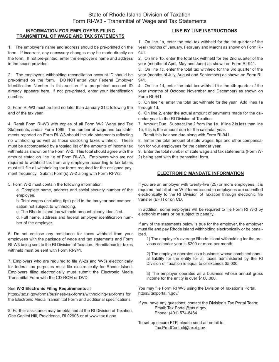 Instructions for Form RI-W3 Transmittal of Wage and Tax Statements - Rhode Island, Page 1