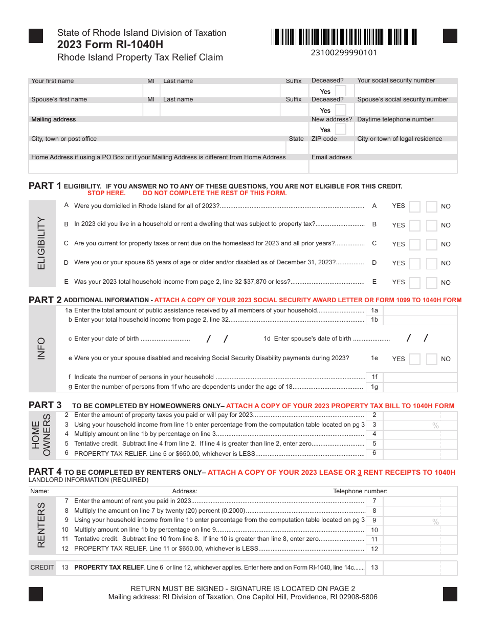 Form RI-1040H Rhode Island Property Tax Relief Claim - Rhode Island, Page 1