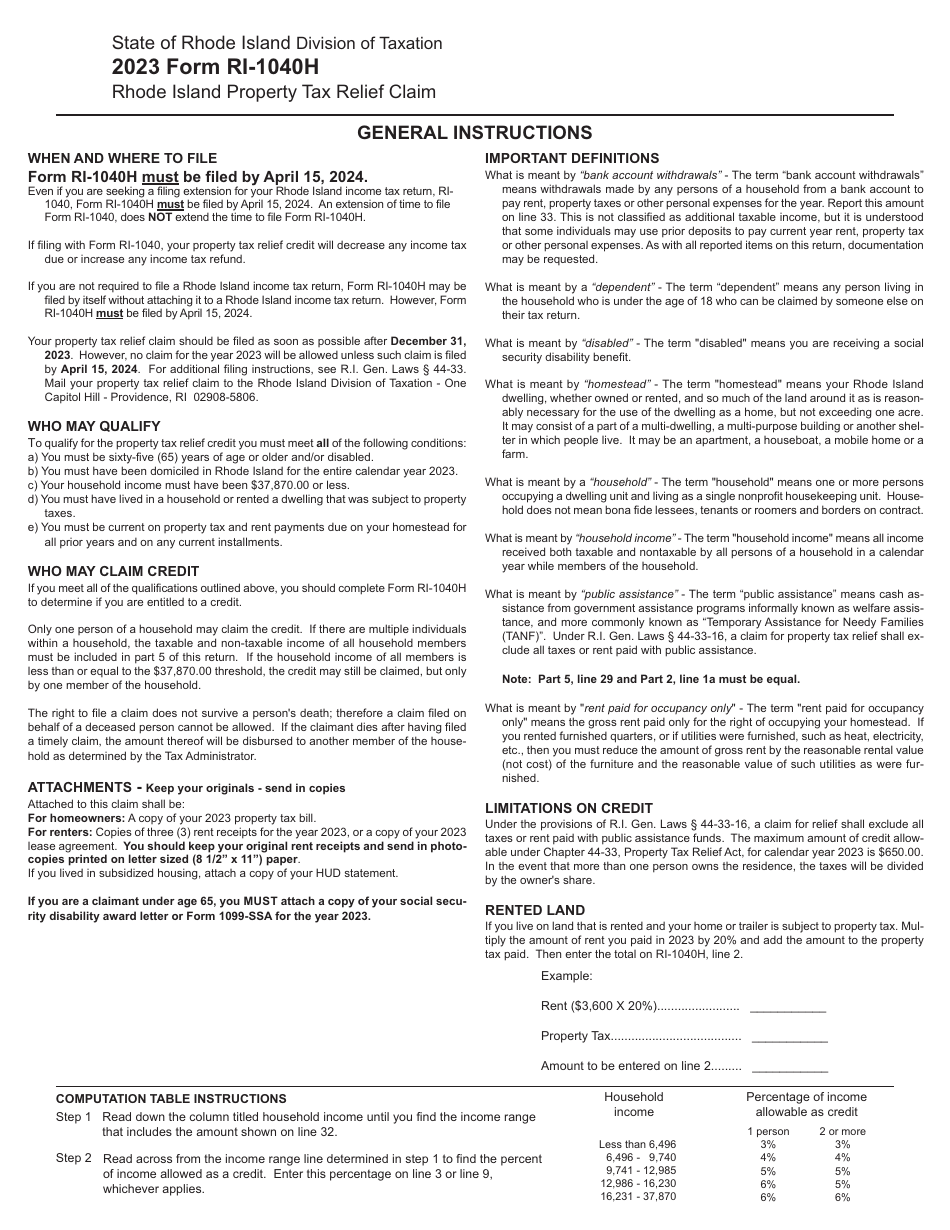 Form RI-1040H Rhode Island Property Tax Relief Claim - Rhode Island, Page 3