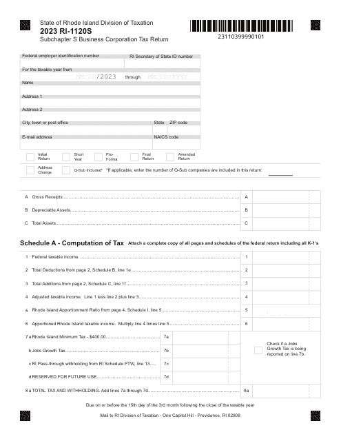 Form RI-1120S Subchapter S Business Corporation Tax Return - Rhode Island, 2023