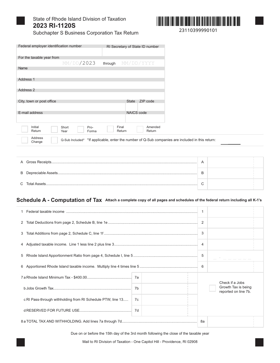 Form RI-1120S Subchapter S Business Corporation Tax Return - Rhode Island, Page 1
