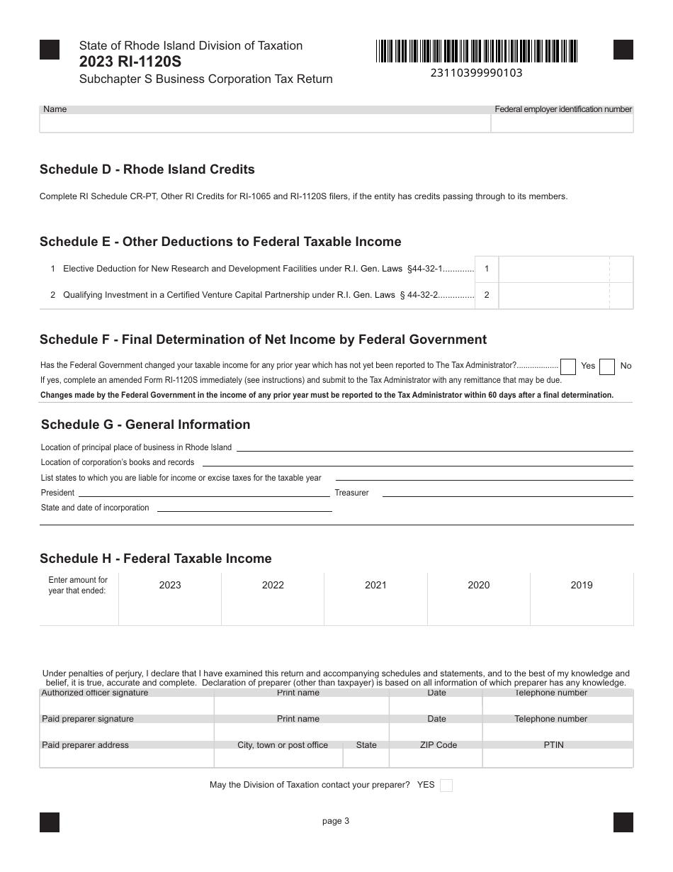 Form RI-1120S Download Fillable PDF or Fill Online Subchapter S ...