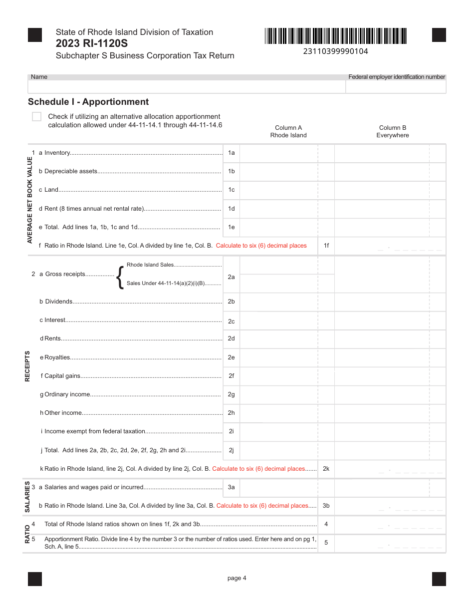 Form RI-1120S Subchapter S Business Corporation Tax Return - Rhode Island, Page 4