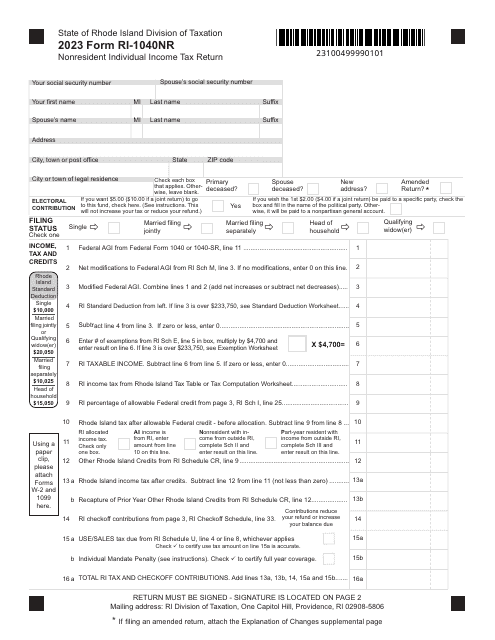 Form RI-1040NR Nonresident Individual Income Tax Return - Rhode Island, 2023