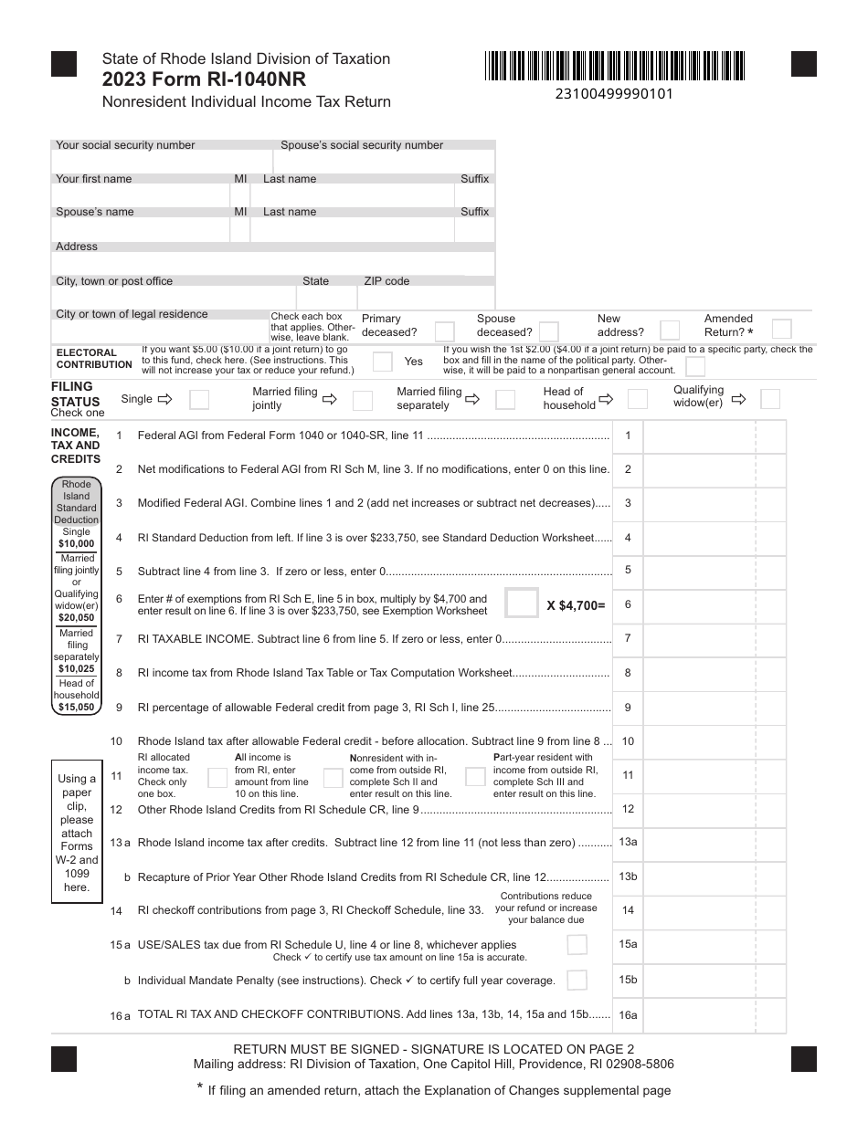 Form RI1040NR Download Fillable PDF or Fill Online Nonresident