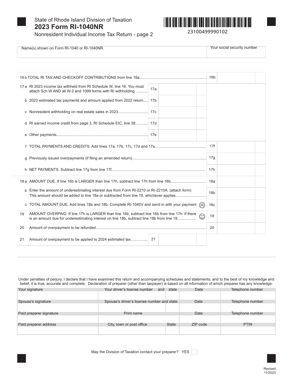 Form RI-1040NR Nonresident Individual Income Tax Return - Rhode Island, Page 2