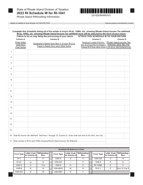Form RI-1041 Schedule W 2023 Printable Pdf