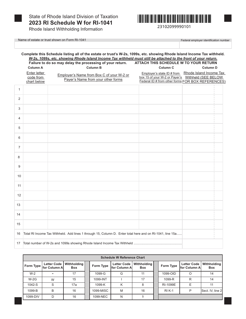 Form RI-1041 Schedule W Rhode Island Withholding Information - Rhode Island, Page 1
