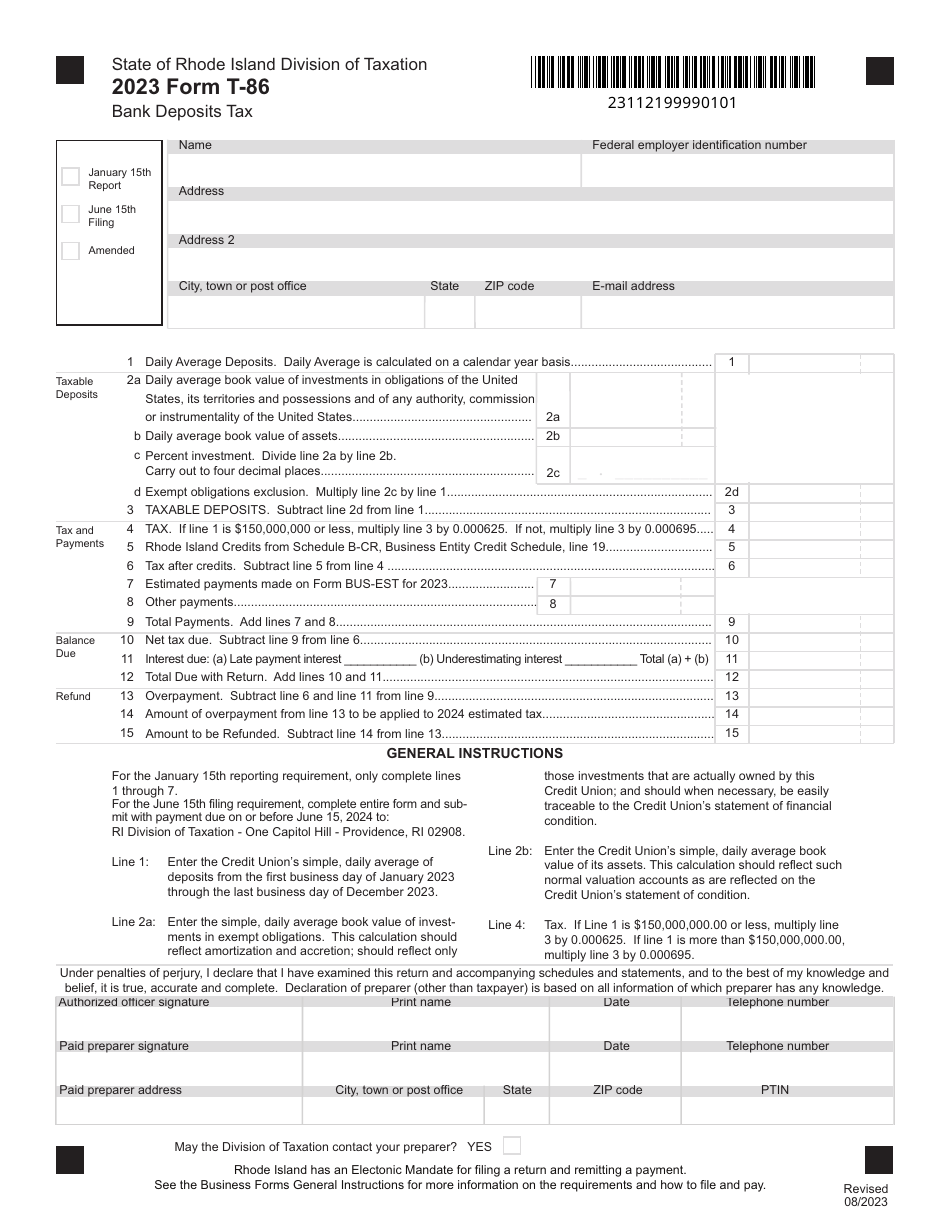 Form T-86 Bank Deposits Tax - Rhode Island, Page 1