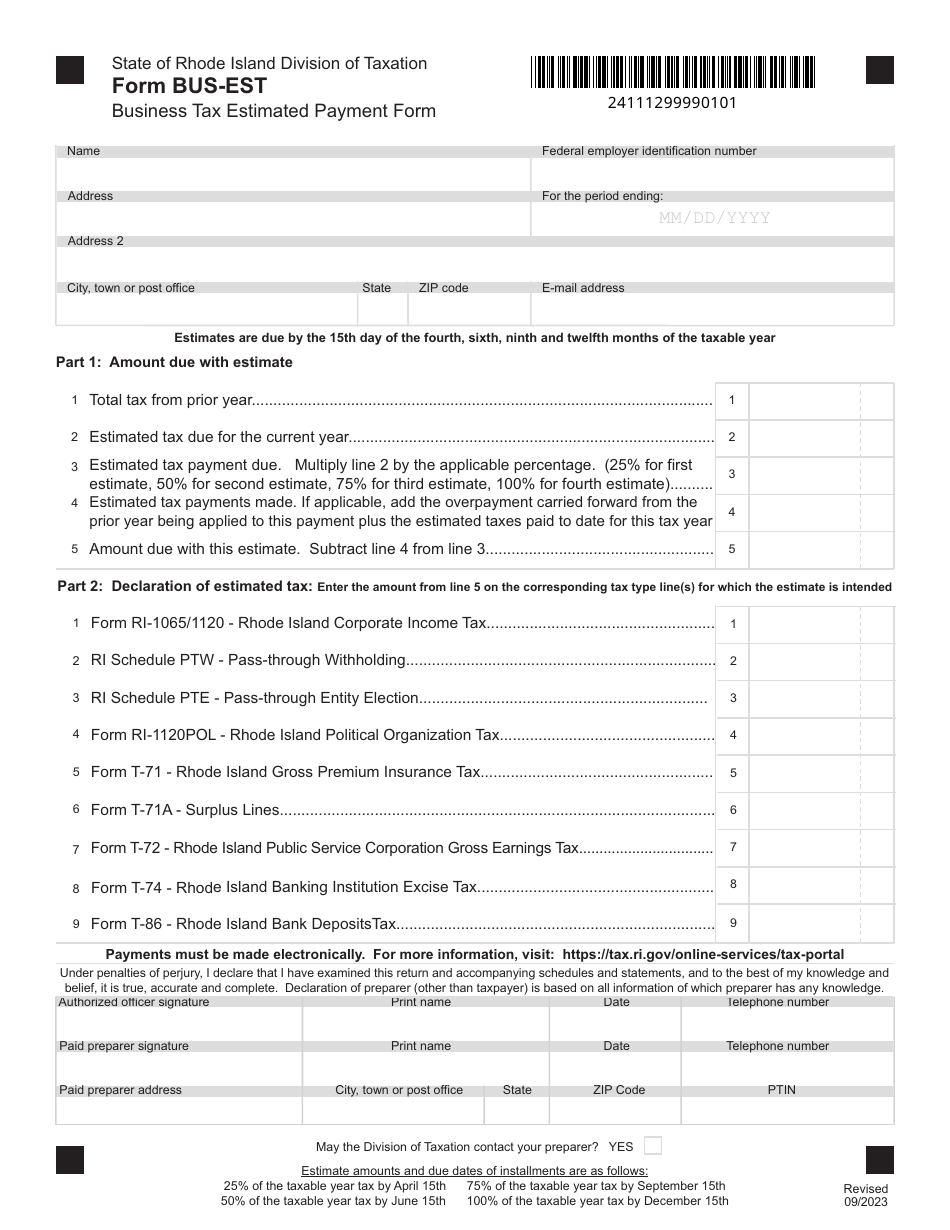 Form BUS-EST - Fill Out, Sign Online and Download Fillable PDF, Rhode ...