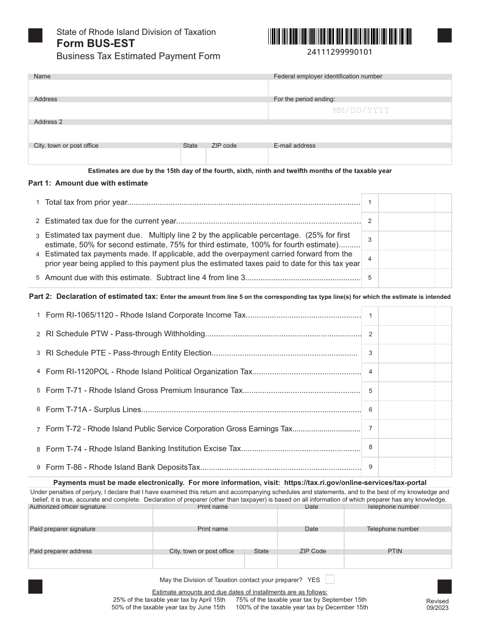 Form BUS-EST Business Tax Estimated Payment Form - Rhode Island, Page 1
