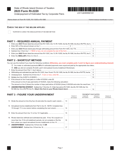 Form RI-2220 Underpayment of Estimated Tax by Corporate Filers - Rhode Island, 2023