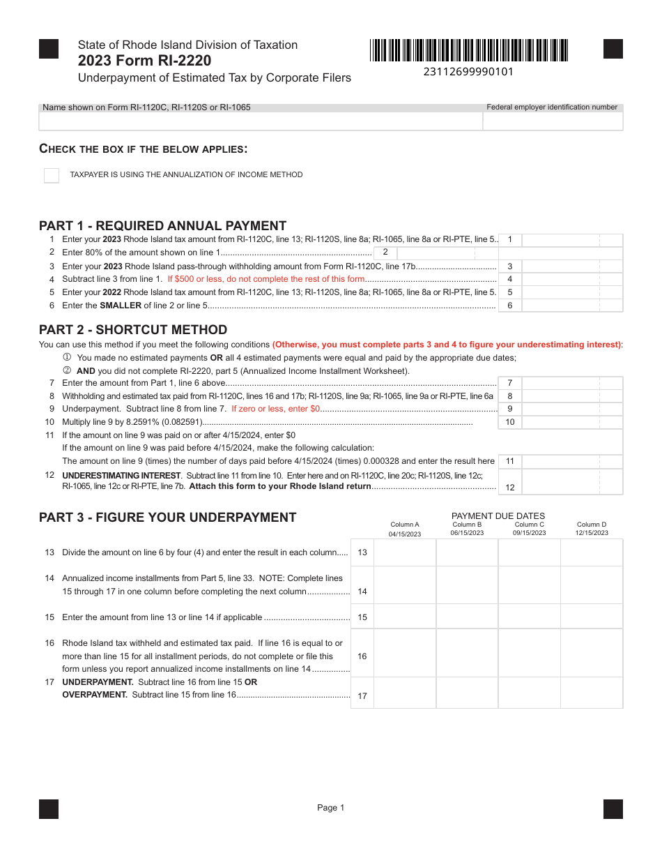 Form RI-2220 Underpayment of Estimated Tax by Corporate Filers - Rhode Island, Page 1