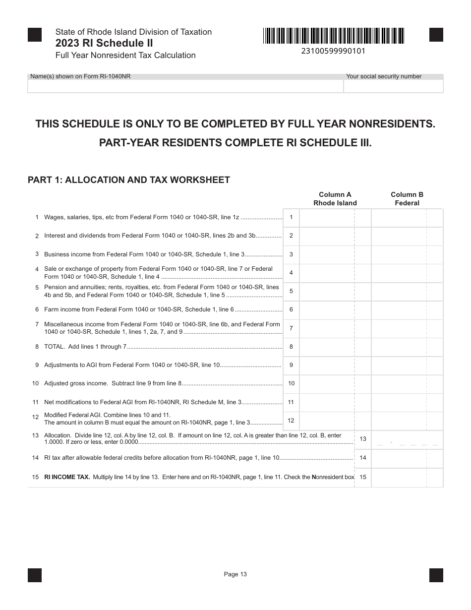 Form RI-1040NR Schedule II Full Year Nonresident Tax Calculation - Rhode Island, Page 1