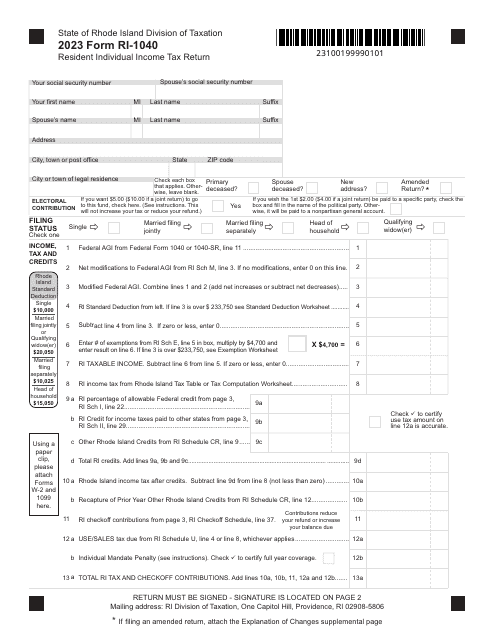 Form RI-1040 Resident Individual Income Tax Return - Rhode Island, 2023